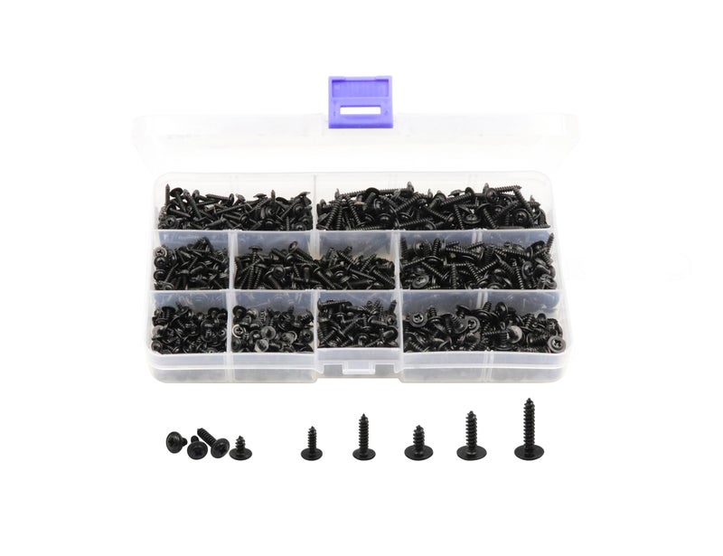 LBY 900pcs M2.3 M2.6 M3 Truss Head Self - Tapping Screws, Wafer Head Screws, Pan Head Washer Screw, 9 Sizes Self -Tapping Screws Assortment Kit, Carbon Steel (Blacking) - Image 1